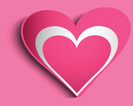 A vector illustration featuring nested layered hearts in pink and white with drop shadow effects against a pink background