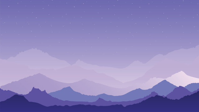 Purple mountain range background with layered misty hills, starry sky, and soft twilight atmosphere for travel banner, poster, and cover design.