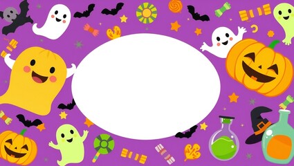 Naklejka premium Cute halloween pattern frame with ghosts pumpkins bats and candy on a purple background