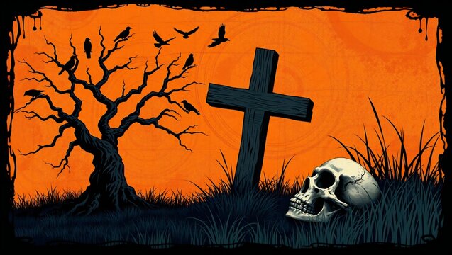 Spooky halloween graveyard scene with a human skull cross grave marker and birds in a dead tree against an orange background