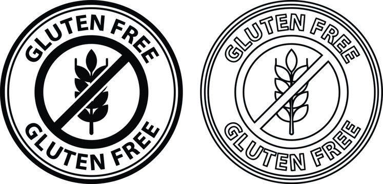 Two round gluten free food labels with wheat ear symbol and text in black and white