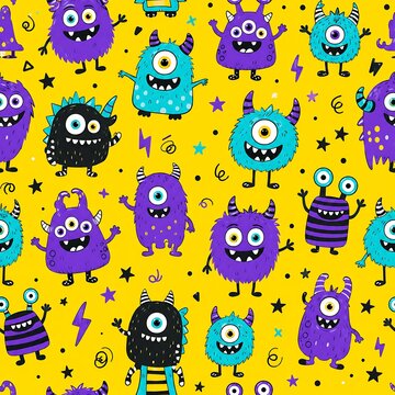 Cute Halloween Monsters Seamless Pattern with Colorful Funny Cartoon Characters on Yellow Background