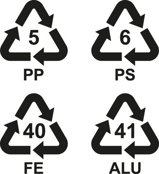 Set of black plastic and metal recycling symbols with numbers and material abbreviations