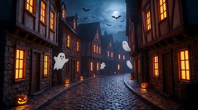 Spooky Halloween street at night with cobblestone road, old timber-framed houses, glowing pumpkins, and flying ghosts under a full moon