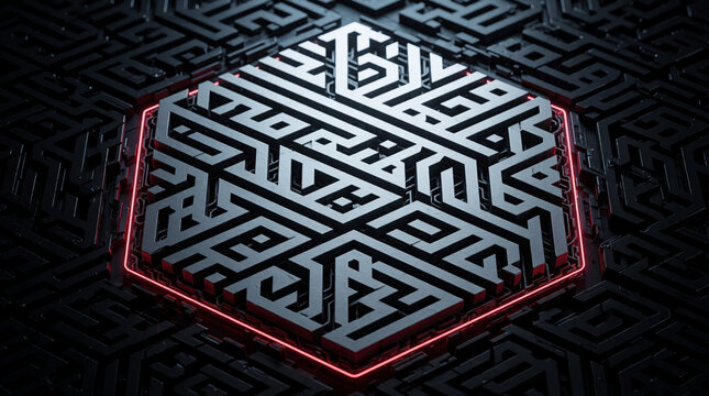 Hexagonal maze pattern with glowing red border for modern digital design projects.