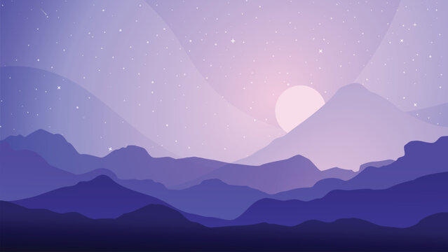 Purple moonlit mountain landscape background with glowing full moon, starry night sky, layered hills silhouette, and sunbeams for nature banner design.