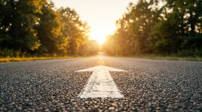 A straight road with a painted arrow leading toward the horizon to symbolize goal setting.