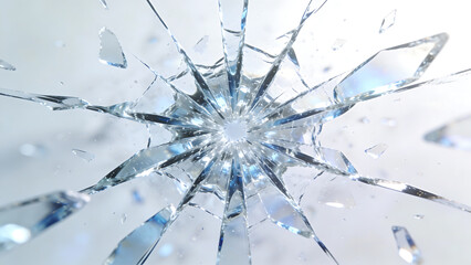 Obraz premium Shattered glass in slow motion with radial fracture pattern against white background