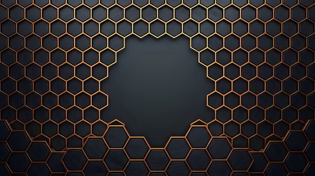 Dark metallic honeycomb geometric pattern background with a central hexagon space