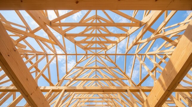 Wooden roof trusses made from timber construction framing beams.