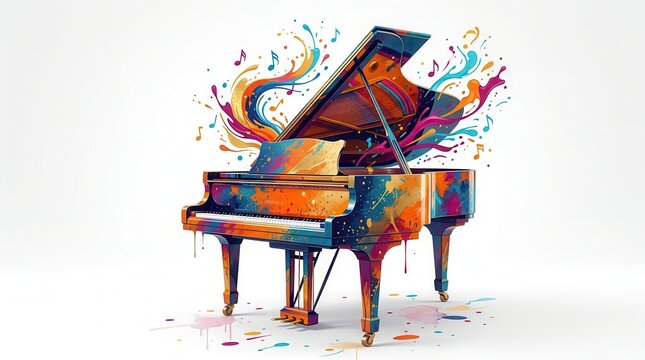 Colorful grand piano with flying music notes on a white background.