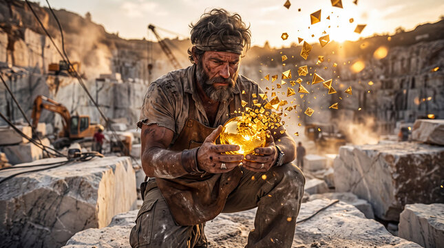 Bearded worker holding a glowing golden sphere fragmenting into magical particles in a rocky quarry