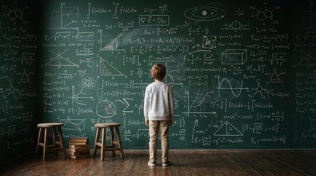 Young boy standing in front of a blackboard full of mathematical formulas and complex calculations.