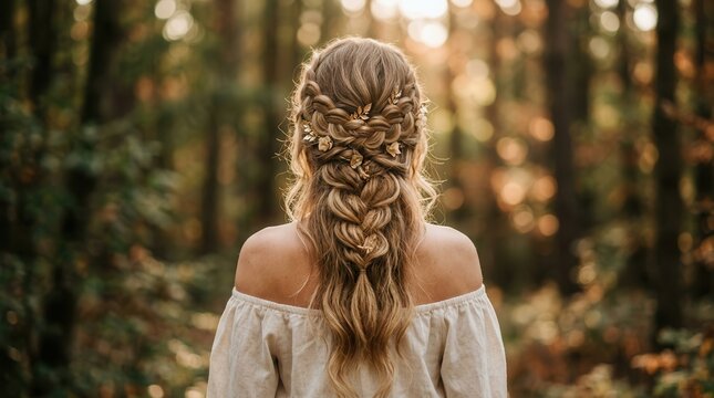 Beautiful blond braiding hairstyle for a bohemian bridal look in a nature landscape.