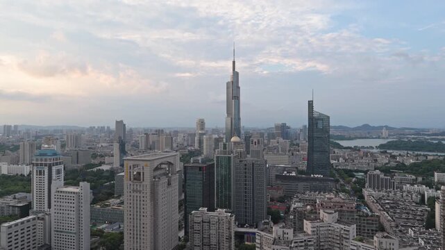 Wide view of Nanjing skyline and modern downtown architecture