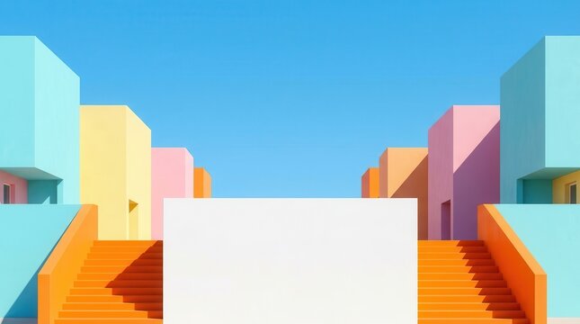 Minimalist abstract background featuring colorful buildings against a clear blue sky.