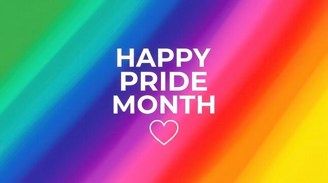 Happy Pride Month text with a white heart outline on a rainbow gradient background.