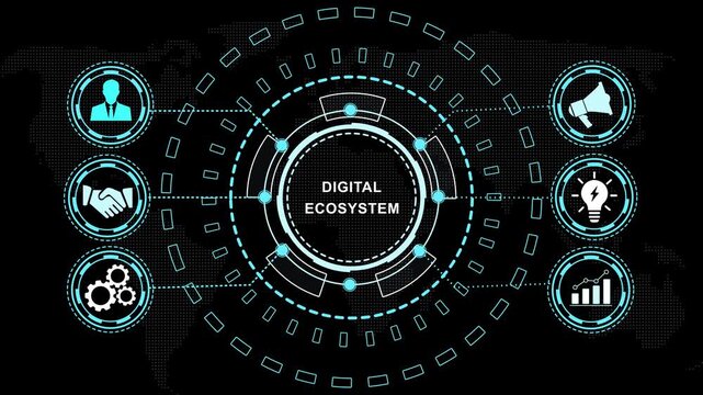 Digital ecosystem concept featuring animated hud interface with global connectivity business growth analytics, and futuristic technology network infographic for corporate presentations