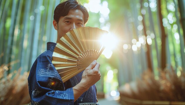 Portrait of Japanese Man in Kimono Holding Golden Fan in Bamboo Forest