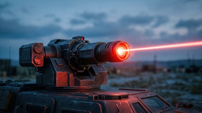 Advanced anti drone laser defense system mounted on an armored military vehicle.