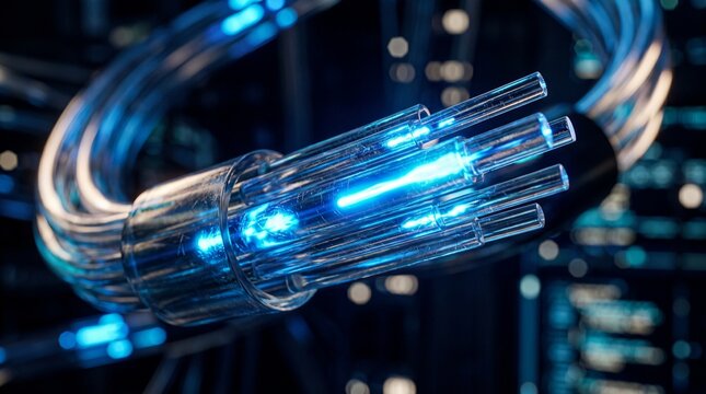 Fiber optic cables transmitting data with bright blue light pulses in a futuristic digital technology network connection concept