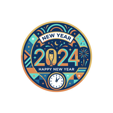 Happy New Year 2024 Celebration Emblem with Fireworks and Champagne