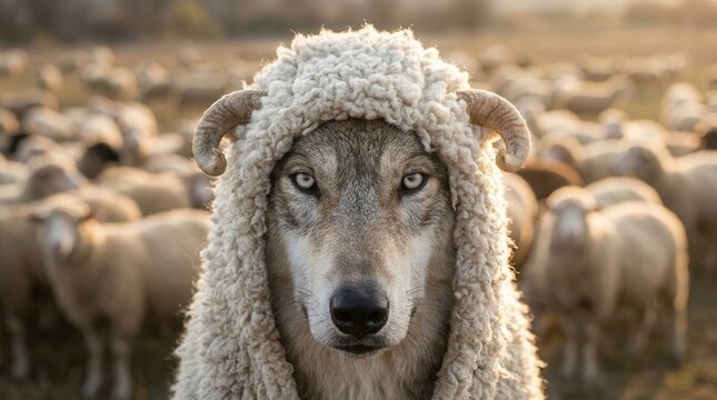 A wolf in sheep's clothing hiding among an unsuspecting flock of sheep.