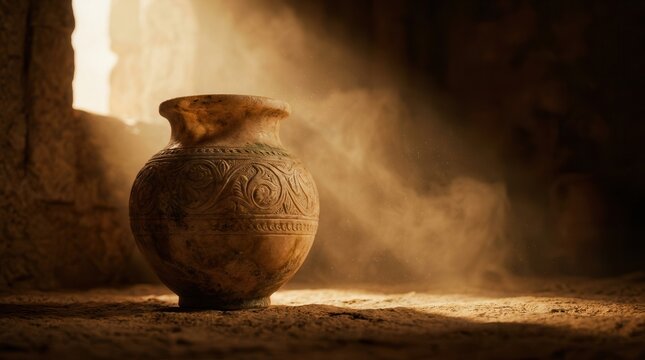 An alabaster jar of expensive perfume in a biblical depiction of Bethany.