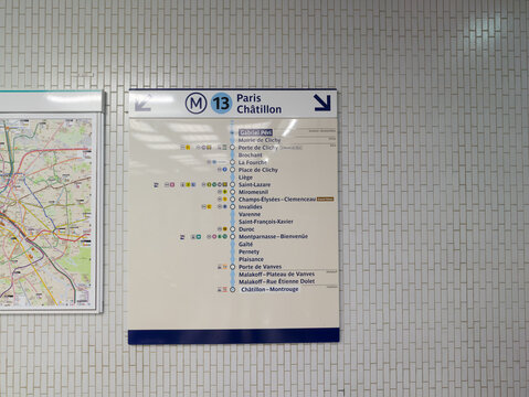 PARIS, FRANCE - SEPTEMBER 1, 2026 - Paris Metro sign showing line 13 route and station names, guiding urban travel