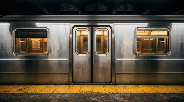 An open door on the side of a New York City subway train at a station.