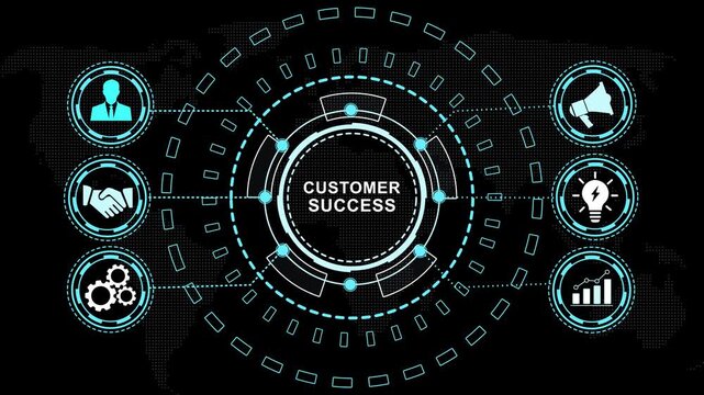 Dynamic customer success hud interface featuring animated global business network connections, digital marketing strategic growth analytics, and futuristic data visualization for corporate