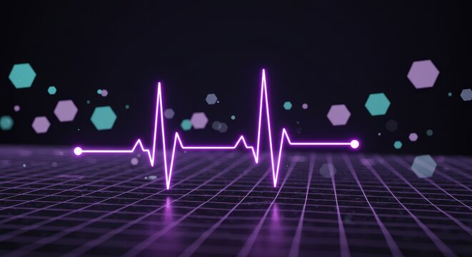 Neon heartbeat line and hexagons on digital background