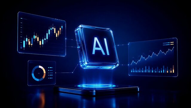 Artificial intelligence microchip analyzing financial charts and market data for algorithmic trading and predictive analytics concept.