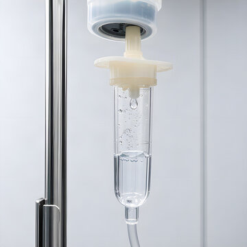 Close up shot of saline IV drip chamber with liquid drop and bubbles on clean white background