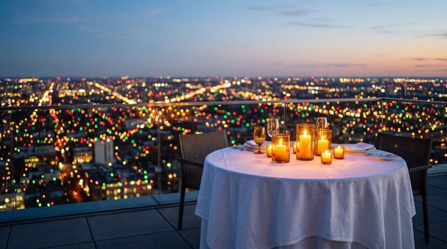 Candlelit dinner table setting on luxury rooftop terrace overlooking city night skyline