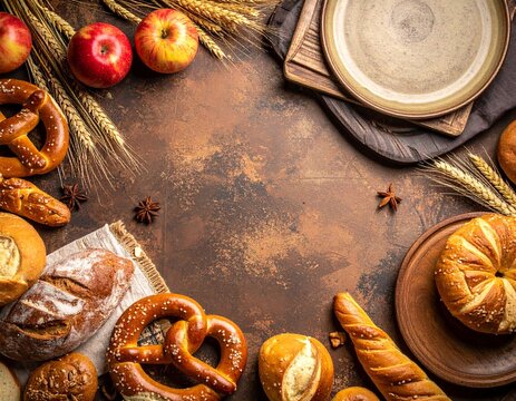 Oktoberfest Food Frame with Pretzels Fresh Bread and Apples
