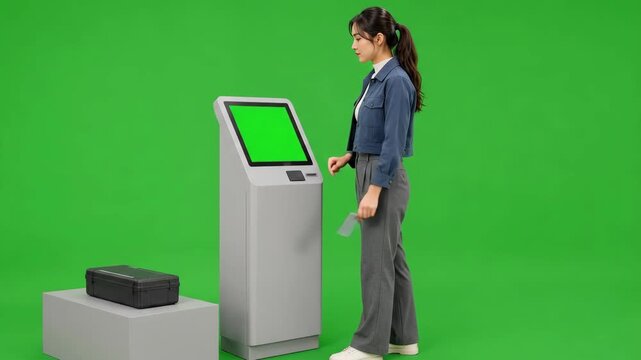 A woman using a self service kiosk terminal with a green screen