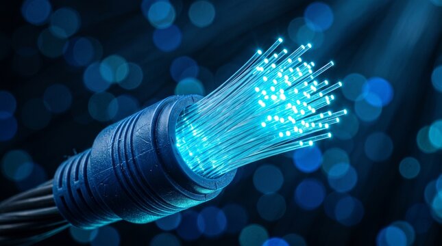 Close-up of glowing blue fiber optic cable ends transmitting high-speed data in a futuristic digital network background
