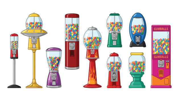 Gumball machine vector set featuring various vintage retro and modern candy dispensers filled with colorful bubblegum isolated design elements