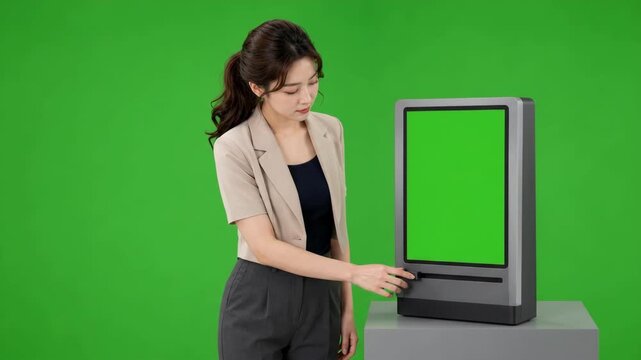 Woman inserting card in kiosk against green screen