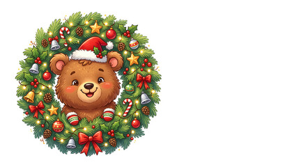 Fototapeta premium Funny Christmas bear with a huge fluffy Christmas wreath around its body, peeking through the center, cheerful expression, cute cartoon illustration, playful festive style, pure white background 