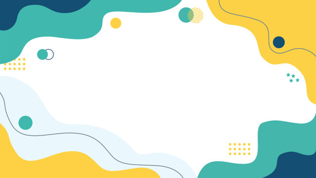 Abstract liquid fluid background with yellow and green wavy shapes, dots, lines, and central copy space illustration for corporate presentation banner.
