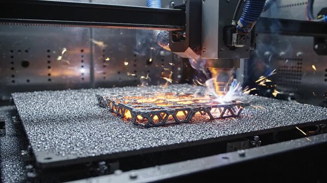 Laser powder bed fusion system fusing powder particles inside sealed build chamber during the metal 3d printing production process.
