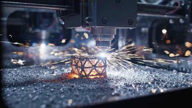 Laser powder bed fusion system fusing powder particles inside sealed build chamber during the metal 3d printing production process.