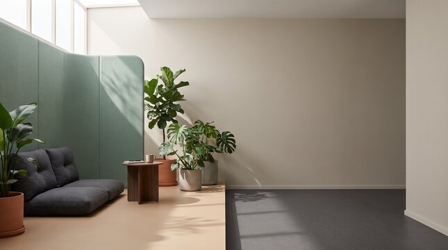 Restorative office wellness alcove with floor cushion and acoustic plants for mindful workplace design banner
