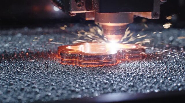 Laser powder bed fusion system fusing powder particles inside sealed build chamber during the metal 3d printing production process.