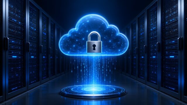 Secure cloud computing in modern data center with glowing padlock and data stream representing safe digital storage and server network protection