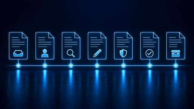 Document lifecycle workflow process showing a digital timeline of glowing file icons representing data management stages from creation to secure archiving
