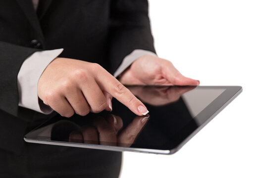 Business woman pointing with finger on Digital Tablet isolated on white