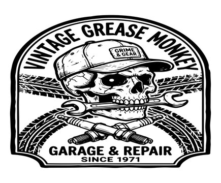 Mechanic skull wearing a cap holding a wrench in teeth with spark plugs and tire tread background badge garage and repair automotive badge vintage emblem repair shop black and white grease monke